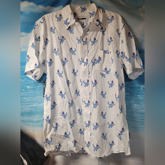 TIPSY ELVES NWT ISLAND OF THE FREE BUTTON DOWN SHIRT MENS DINOSAUR - Picture 1 of 4
